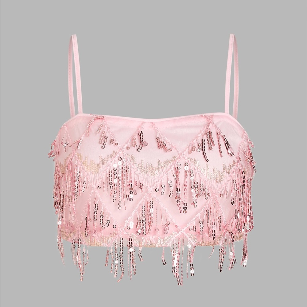 Cider Pink Sequin Tassel Cami Crop Top